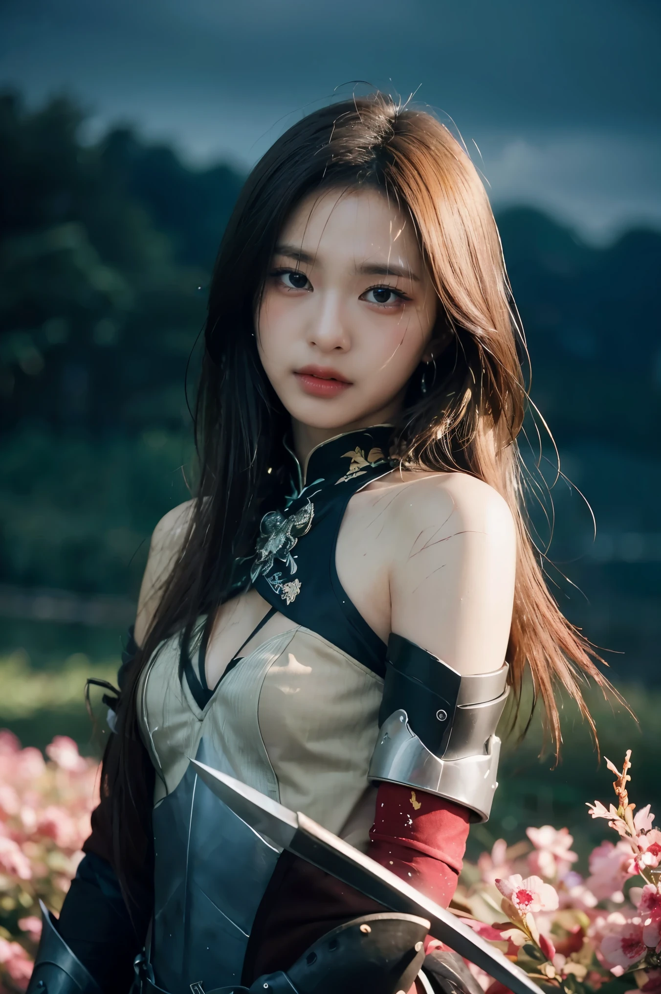 Best quality, masterpiece, ultra high res, (photorealistic:1.4), raw photo, 1girl, white dress, off shoulder, blossom flower field, glowing skin, light smilecolor splattered ink style,splash ink,splash art,Vibrant color splattered ink style, portrait of an intricately armored oriental Chinese swordswoman, her piercing gaze intense beneath a crimson moon, amidst dark, ominous clouds, clad in ornate black armor with golden accents, holding a razor-sharp Chinese sword with five fingers by the hilt, fresh blood dripping, swinging in a dynamic arc, blood splatters exploding, motion blur on the swords edge, surrounded by blood splatter, moody, atmospheric, ultra-detailed, photorealistic, with intricate armor patterns, fabric textures, and sharp, defined facial features, award-winning artwork, 32K HD.