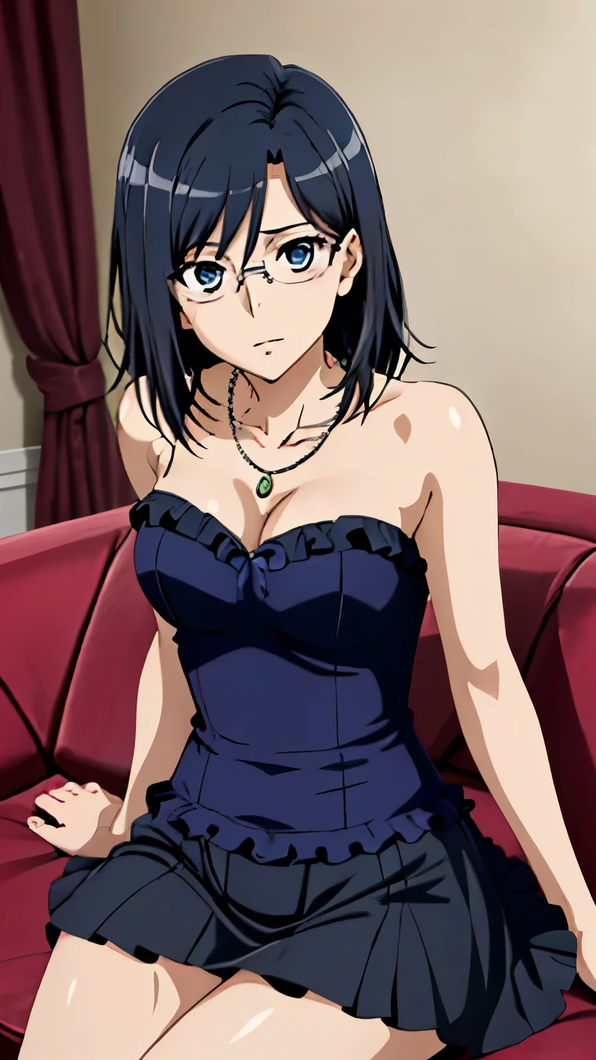 (Top quality, masterpiece, 8k), (Realistic skin texture), (anime coloring), Very detailed, very detailed, beautiful eyes, perfect eyes, detailed eyes, feature large highlight, detailed face, ultra-detailed, detailed eyes, symmetrical eyes, Sharp details, konori, blue eyes, black hair, (medium breasts:1.2), medium hair, healthy skin, glasses, ((nffsw, cabaret club dress, frill, riered skirt, necklace, jewelry, room, sofa, sitting)), (cowboy shot:1.5), looking at the viewer, in the center of the image, dutch angle,