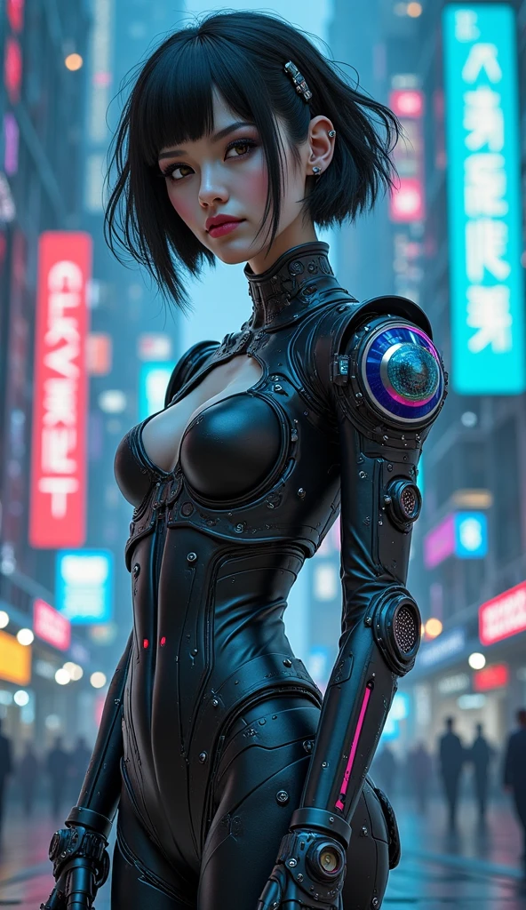 1girl, masterpiece, high quality, high detailed, (solo), (nice hands), (nice face and eyes), short hair, black hair, brown eyes, latex, facial mark, mechanical arms, cyberpunk, red face paint, android, gally, city, blue sky, science fiction, random pose, dynamic view, sexy, Alita battle angle, perky tits, thin waist, big eyes