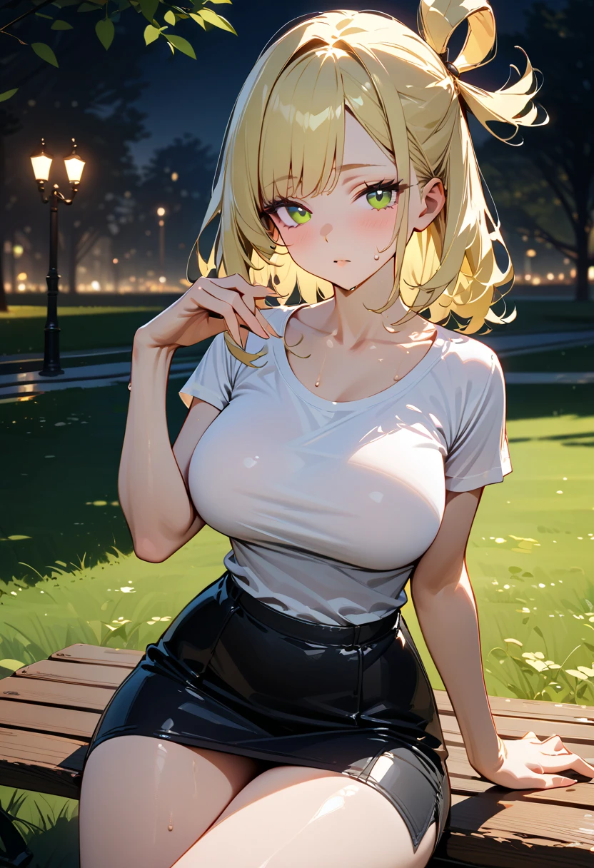 masterpiece, best quality, ashley graham, brown eyes, bangs, necklace, orange sweater, sleeveless turtleneck, green miniskirt, pantyhose, large breasts, leaning forward, wink, one eye closed, one eye open, street, blue sky, clouds
