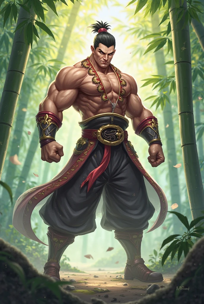 Mighty fighter, chest exposed, lower body unclothed from thighs to feet, adorned with a beaded beard, flowing long curls, detailed muscular physique, photorealistic depiction, 4K resolution. Background: Martial arts dojo,32k uhd, best quality, masterpiece, super detail, high details