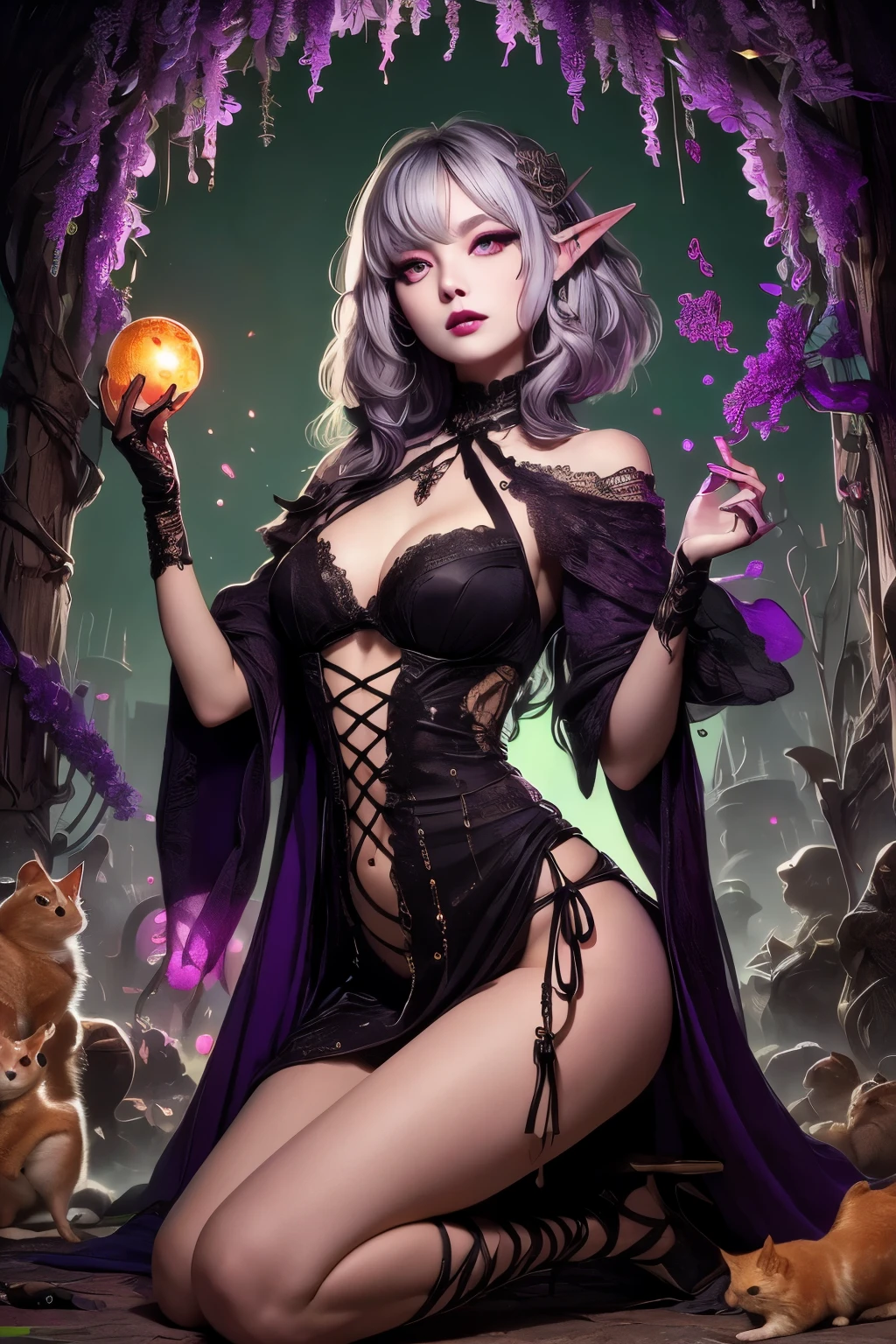 (Ultra-detailed face, Looking away, Fantasy Illustration with Gothic, Ukiyo-e. A young dark elf female sorceress faces a group of hamsters that have been herded into a heap on the floor and holds out her hands to them.),BREAK(She brings her hands together over her body as she stands in a daring pose. Purple plasma extends from her fingertips to the hamsters. Green background. Accurate representation of the body.), BREAK
(She has gray hair, gray eyebrows, blunt bangs, long wavy messy hair down to her heels, small pink lips, golden cat eyes, dark gray skin, and thick eyeliner.), (She wears a black and gold machine-made ribbon tie and a lace-up dress of black machine-made fabric with silver lace ruffles and embroidered red-copper wisteria flowers. She wears silver-white machine heels.)