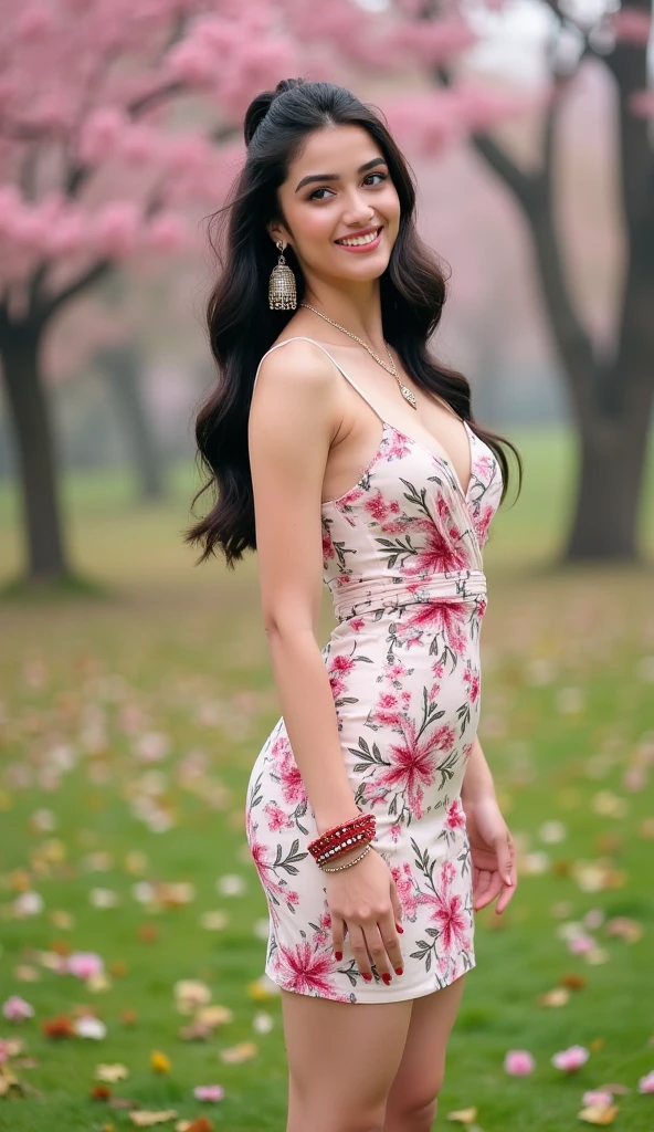 A timeless beauty, clad in a classic qipao of blush pink, adorned with delicate floral lace. The garment's elegant, flowy design flatters her graceful movements, as she walks through a serene garden filled with blooming peonies. The atmosphere is serene and romantic, with soft, golden sunlight filtering through the trees. The composition is centered on her, as she turns to smile, inviting the viewer into her peaceful world.