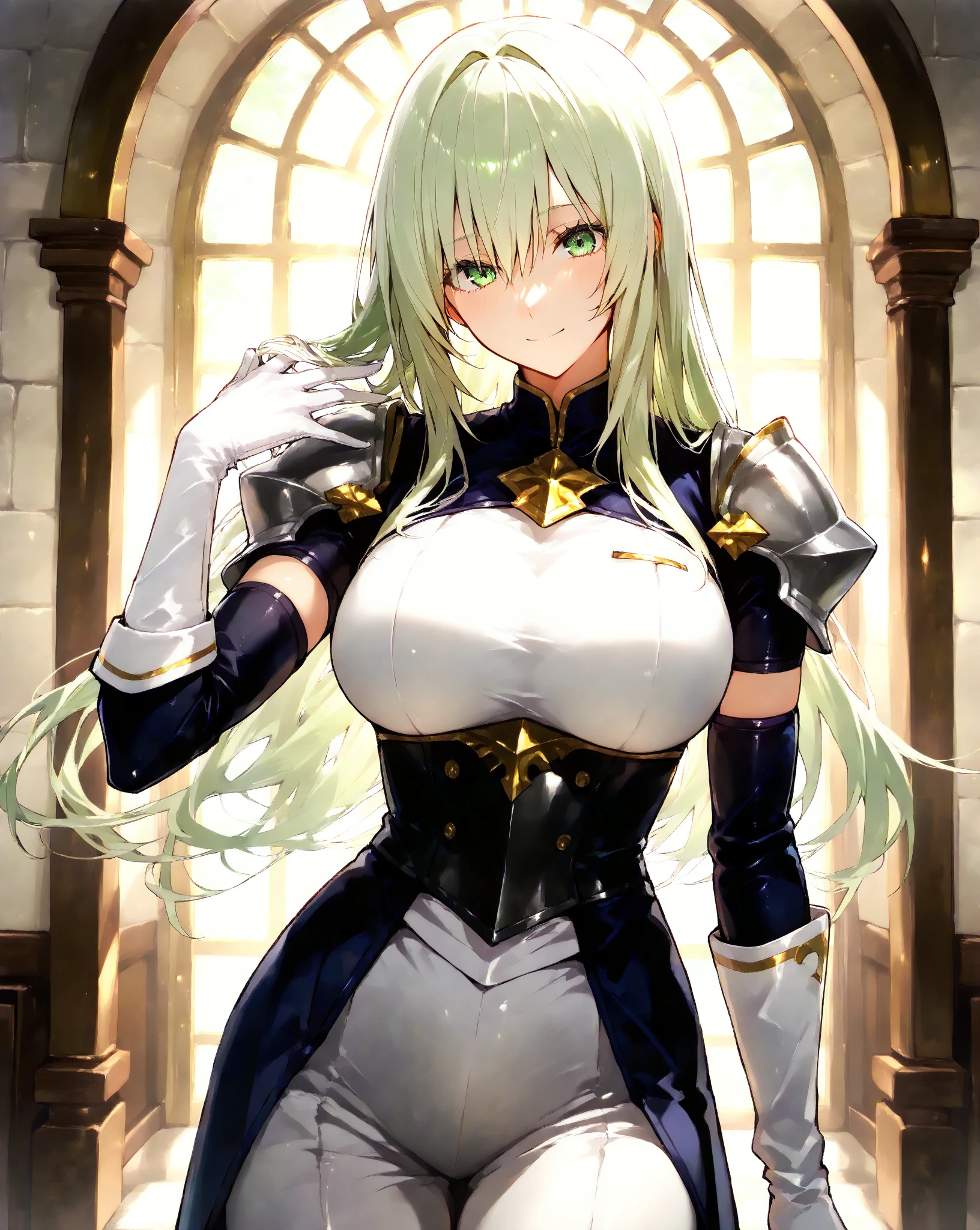 masterpiece, aoi-Odisann, a knight woman with neon green hair, field, ((1girl)), yellow eyes, short twintails, armor, looking_at_viewer, solo, upper_body, dynamic shot, <hypernet:myhands_22k:0.75> <lora:Aoi-Odisann:0.75>