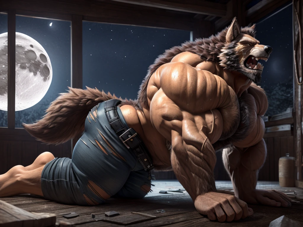 anime, Werewolf, Digital, (Check shirt:1.3), (Torn Shirt:1.4), (Torn Pants:1.1), (shirtless:1.1)
, On all fours, Claws scratching the ground, Show off your teeth, (long dick:1.5), (erection:1.5)
, Moonlight Forest, (Red Moon:1.2), full moon ,great physique,Strong arms, manly, bodybuilder
, (mens G-String:1.1), Brown skin, Side view