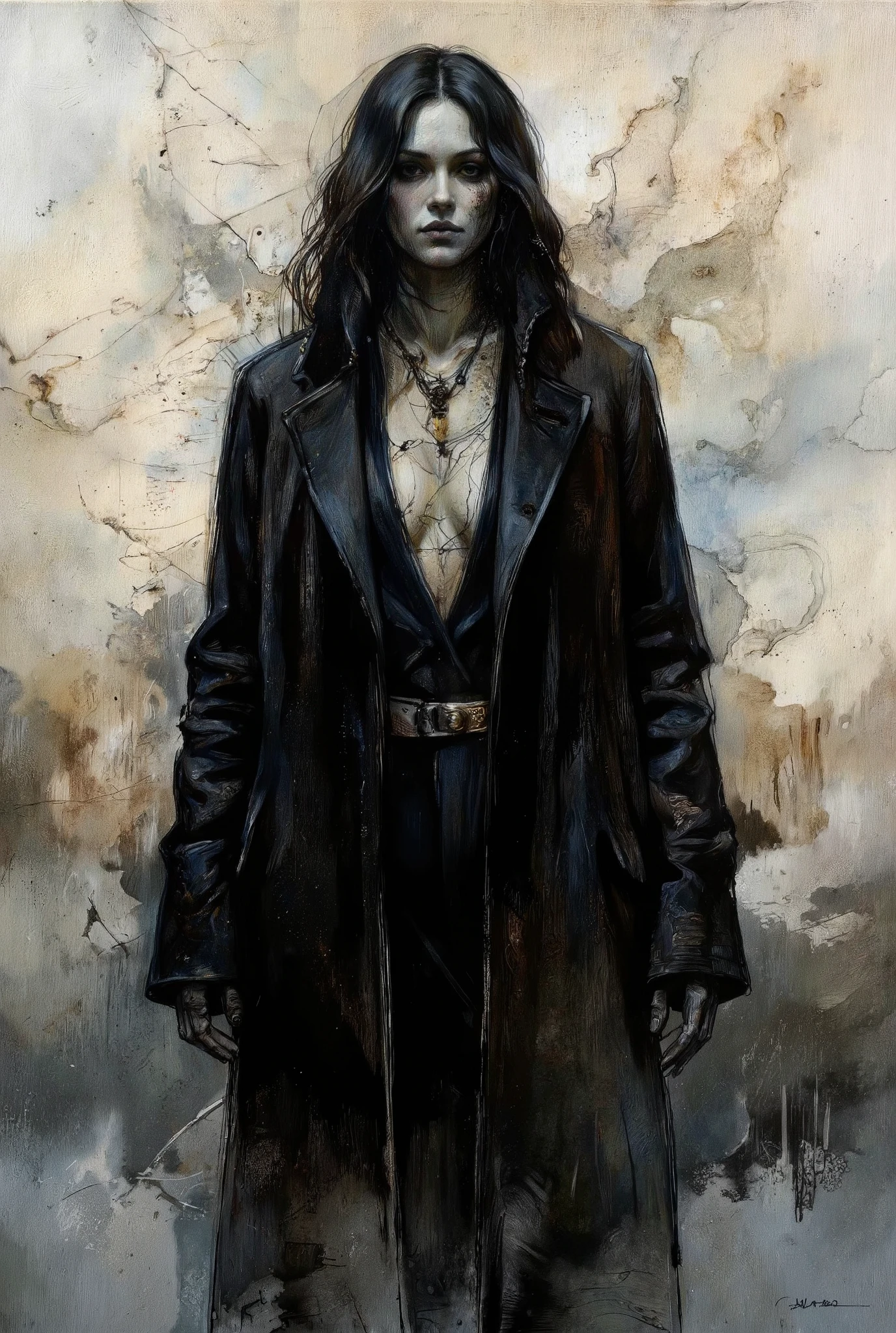 A hauntingly beautiful comic book illustration by Greg Rutkowski. A captivating woman, shrouded in shadows, stands amidst a swirling fog, her velvety abyss-like form seemingly absorbing the surrounding light. Her enigmatic presence radiates an aura of foreboding and intrigue, drawing the viewer in with its dark allure. Chiaroscuro techniques emphasize textures and dimensions. Impasto effects add tactile depth to the subject's worn features. The overall atmosphere is one of awe-inspiring horror and wonder.
