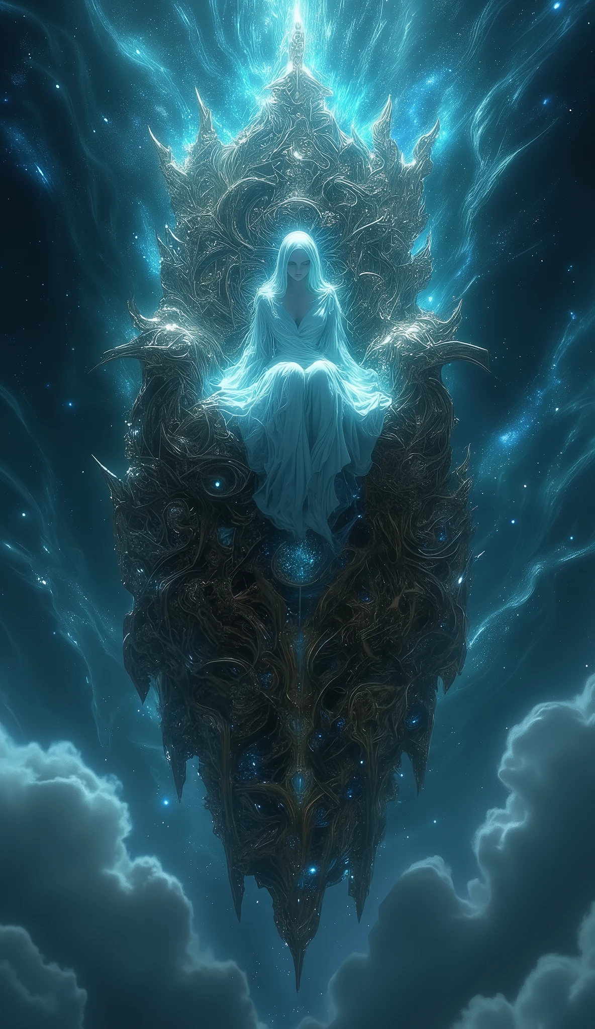 A colossal throne made of shifting clockwork gears, floating above an endless sea of swirling galaxies. A mysterious figure sits upon it, their body partially translucent, as if caught between moments in time. Each tick of the gears reshapes reality around them, creating and erasing fragments of history.