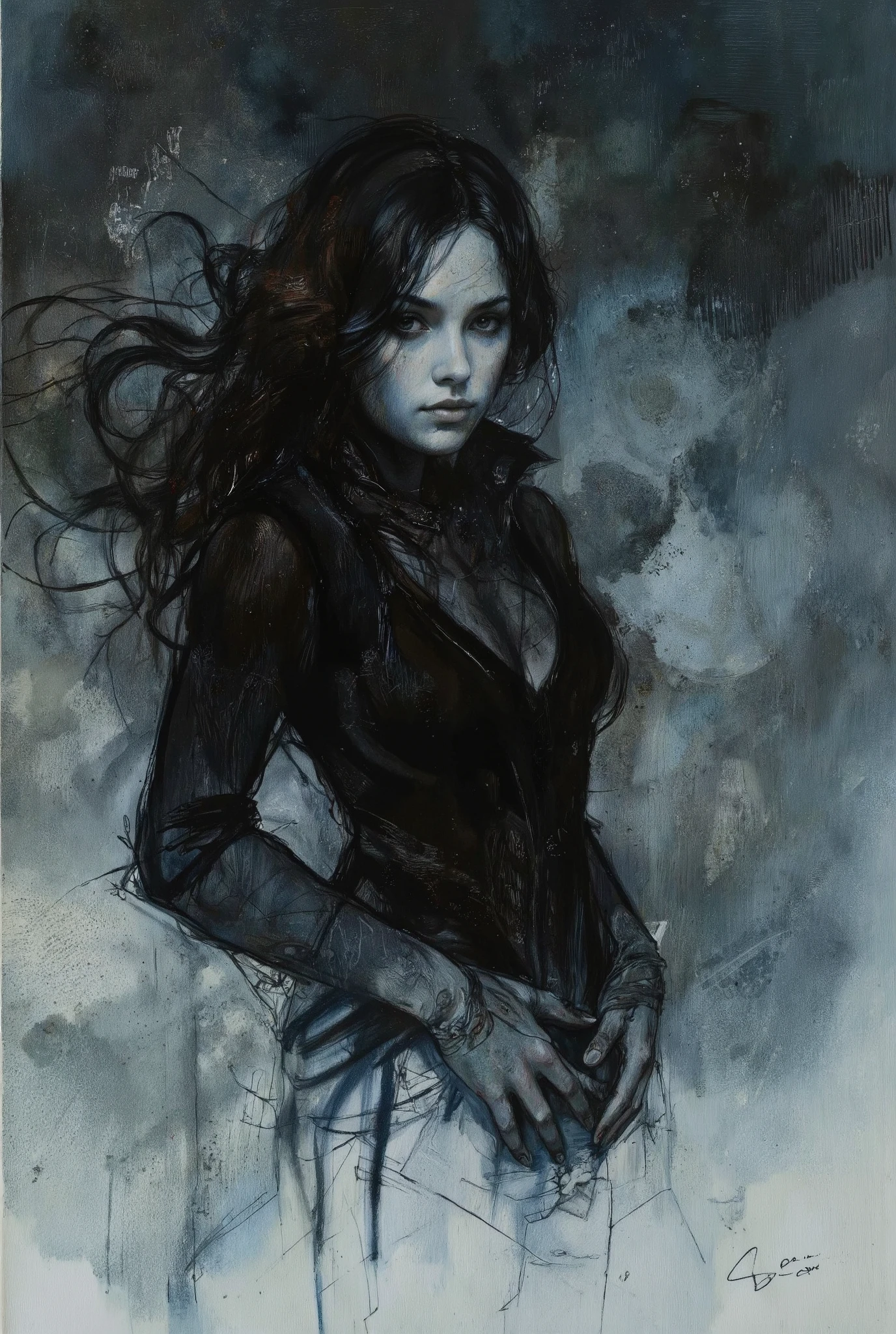 A hauntingly beautiful comic book illustration by Greg Rutkowski. A captivating woman, shrouded in shadows, stands amidst a swirling fog, her velvety abyss-like form seemingly absorbing the surrounding light. Her enigmatic presence radiates an aura of foreboding and intrigue, drawing the viewer in with its dark allure. Chiaroscuro techniques emphasize textures and dimensions. Impasto effects add tactile depth to the subject's worn features. The overall atmosphere is one of awe-inspiring horror and wonder.