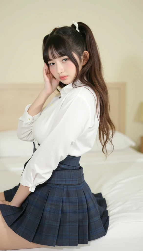 ((top-quality))、(((Photorealsitic)))、finely detail、(one girls)、High school students、on the beds、Frog sitting、poneyTail、校服、Long white blouse、bow ribbon、Plaid miniskirt、clean legs、Peeling off