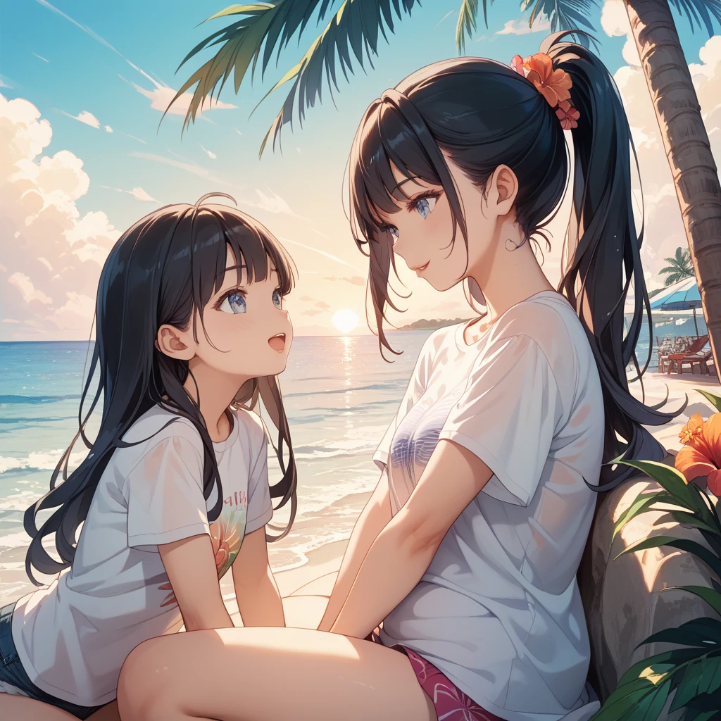 Masterpiece, best quality, earrings, white dress, black hair, small breasts, girl, upper body, hot, sweating, sitting on chair, pigtails, looking at camera, sea, summer, facing forward, legs spread, angry