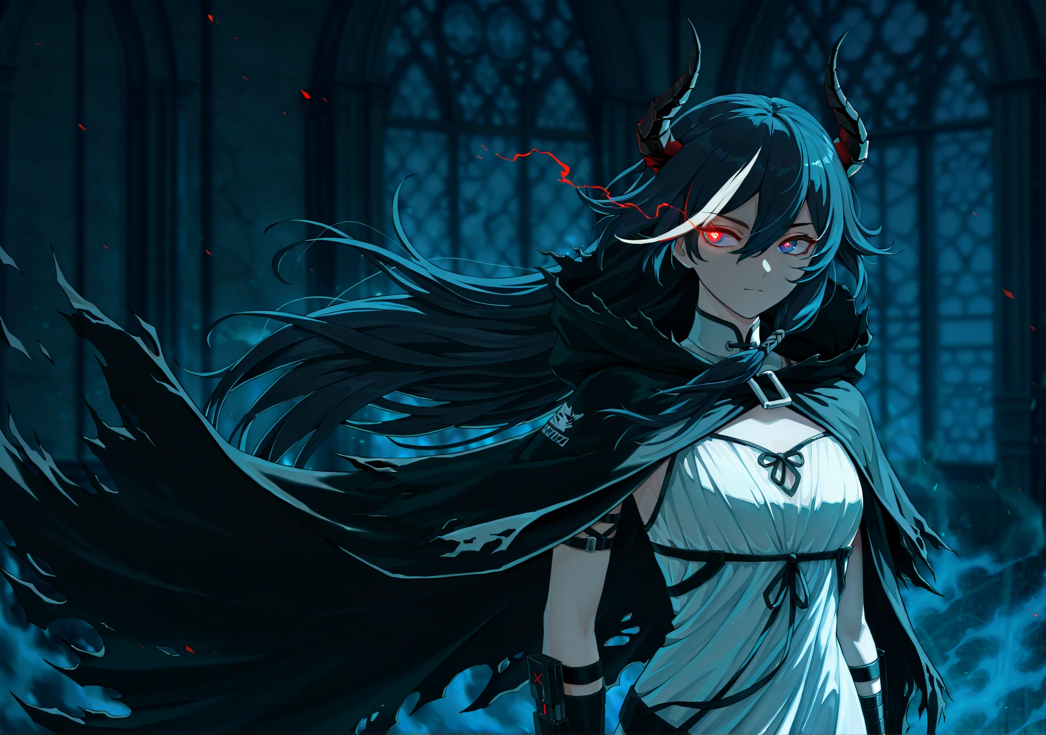 by [inoitoh|arknights|748cmstyle],
1girl, solo, alone, single character, messy background, chaotic background, magic aura background, (side eye, side glance, dynamic action, upper body focus, medium shot:1.2), adult woman, FuHua, Fol005, Fh_Hos, fu hua, deep crimson eyes, very long hair, black hair, dark hair, raven coloured hair, white streaks, white dress with black accessories, battle dress, warmage, succubus, incubus, broken cloak, (black rock shooter:0.22), glowing eye, eye trail, (unusual pupils), (glowing eyes), (magic eyes)
(mature, exquisite detail, 8k, 4k, sharp focus, ultra-detailed, detailed background, absurdres, best quality, amazing quality, very aesthetic, high resolution, newest, hyper-detailed:0.58)
 