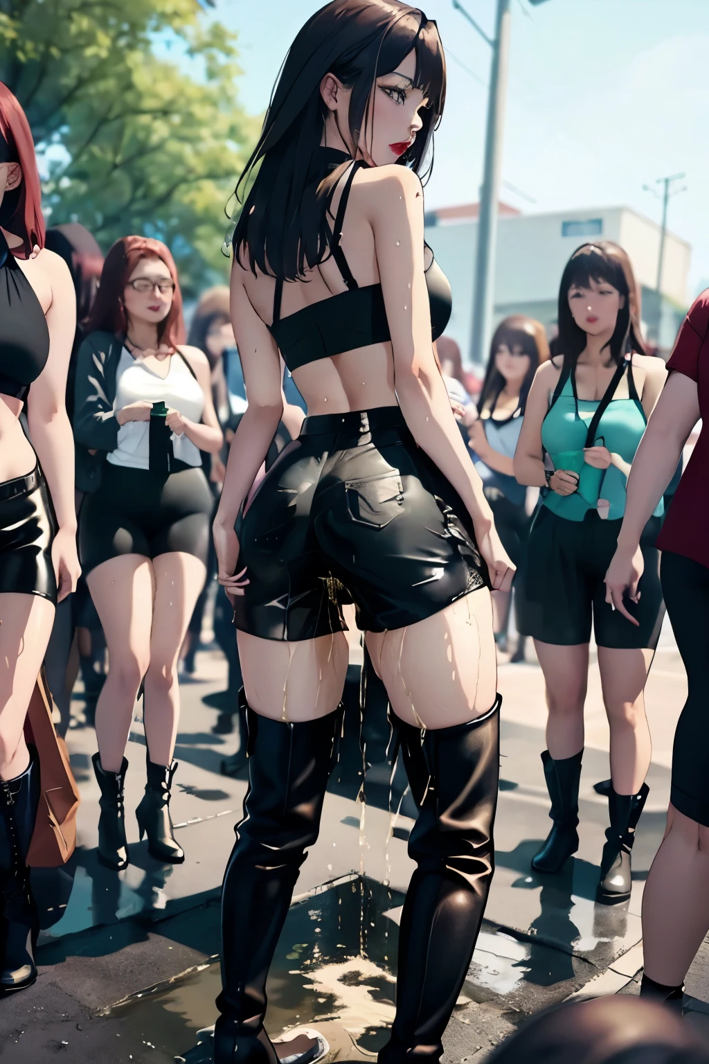 there are many people standing under umbrellas at a festival, a person at a music festival, festival vibes, other women dancing behind, dancing in the background, insanely inflated hips, outdoor rave, exposed thighs!!!, wild rave outfit, thick legs, exposed thighs, photo from behind, accentuated hips, large thighs, largest haunches ever, widest hips