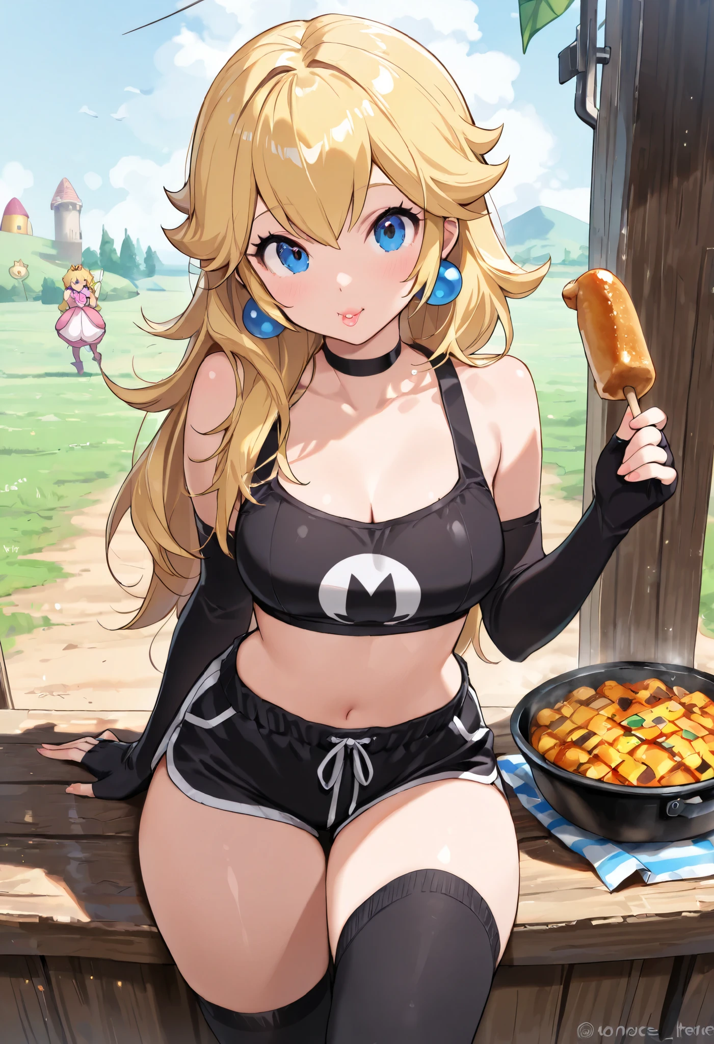 Woman wearing a poncho, tight tank top and tight hot pants eating tacos, tortillas and nachos at a Mexican food stall highest quality