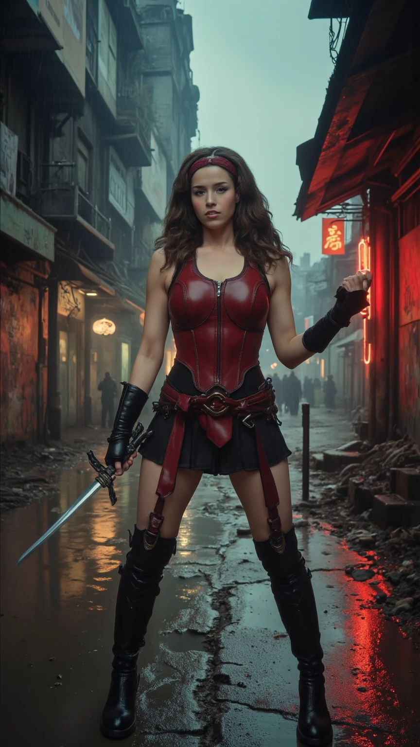 Natalie Portman as Asaj Ventress, in fighting pose, holding a lightsaber, wears a jedi clothes, cleavege, mid shot, voluptuous legs,  belly is exposed, top, in a street of a futuristic city, at nihht,  an explosion is in the back, tie fighter are flying in the sky, at night, barefoot, stormtropper is near
