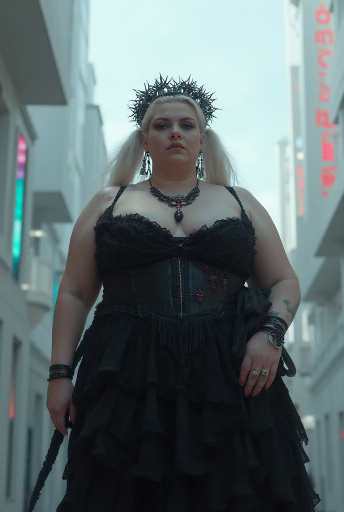 Opera singer, bald with blonde wig, made up, obese, with pearl necklace, argentina, with long black dress