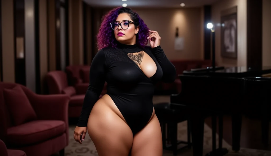 A sexy chubby girl with huge chest soft longer lavender hair and purple blue eyes and pink lips and soft cheeks and ear silver earring and wears sexy bright dark black Playboy suit and huge thigh between beautiful legs and wears shoes black background celebrating Easter day field