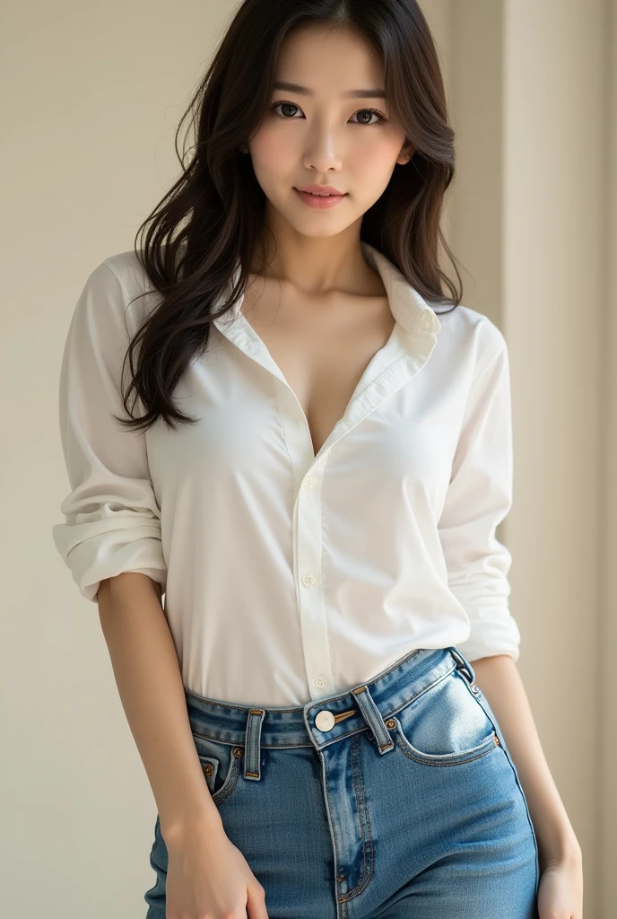 girl, blushing, shy, tight jeans shorts, big , white seethrought top, sitting,asians, Backwards,