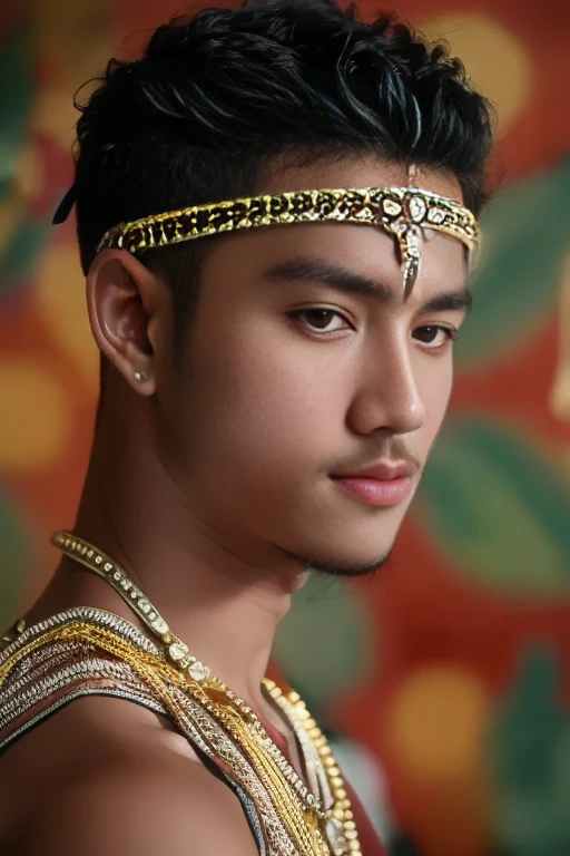 masuter piece、well built、jefri nichol a javanese Male、Age 15、Hot Guy、lite moustache, muscular、macho、wearing majapahit kingdom costume, gold head band, gold shoulder band, gold necklace, gold crown, hair bund, long-haired、Fade Cut、bodybuilder, Large body、low angles、Real texture、wear sarong batik,