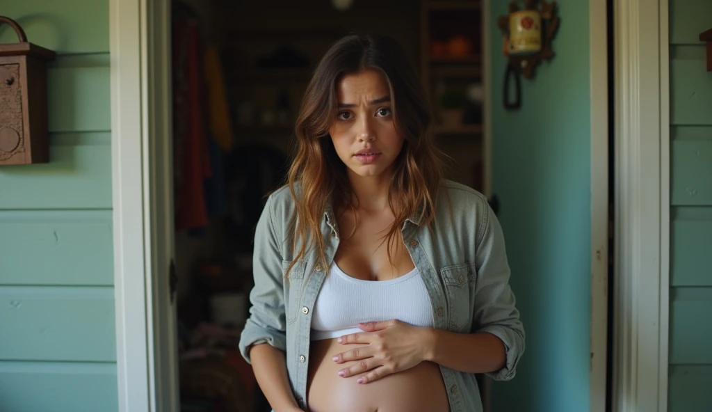 ((best qualityer)) ((detailded)) pregnant woman with health problems, downcast facial expression and worried look, She is very worried about her baby's health, which is in danger due to her anemia., with old looking clothes, waiting in a hospital waiting room