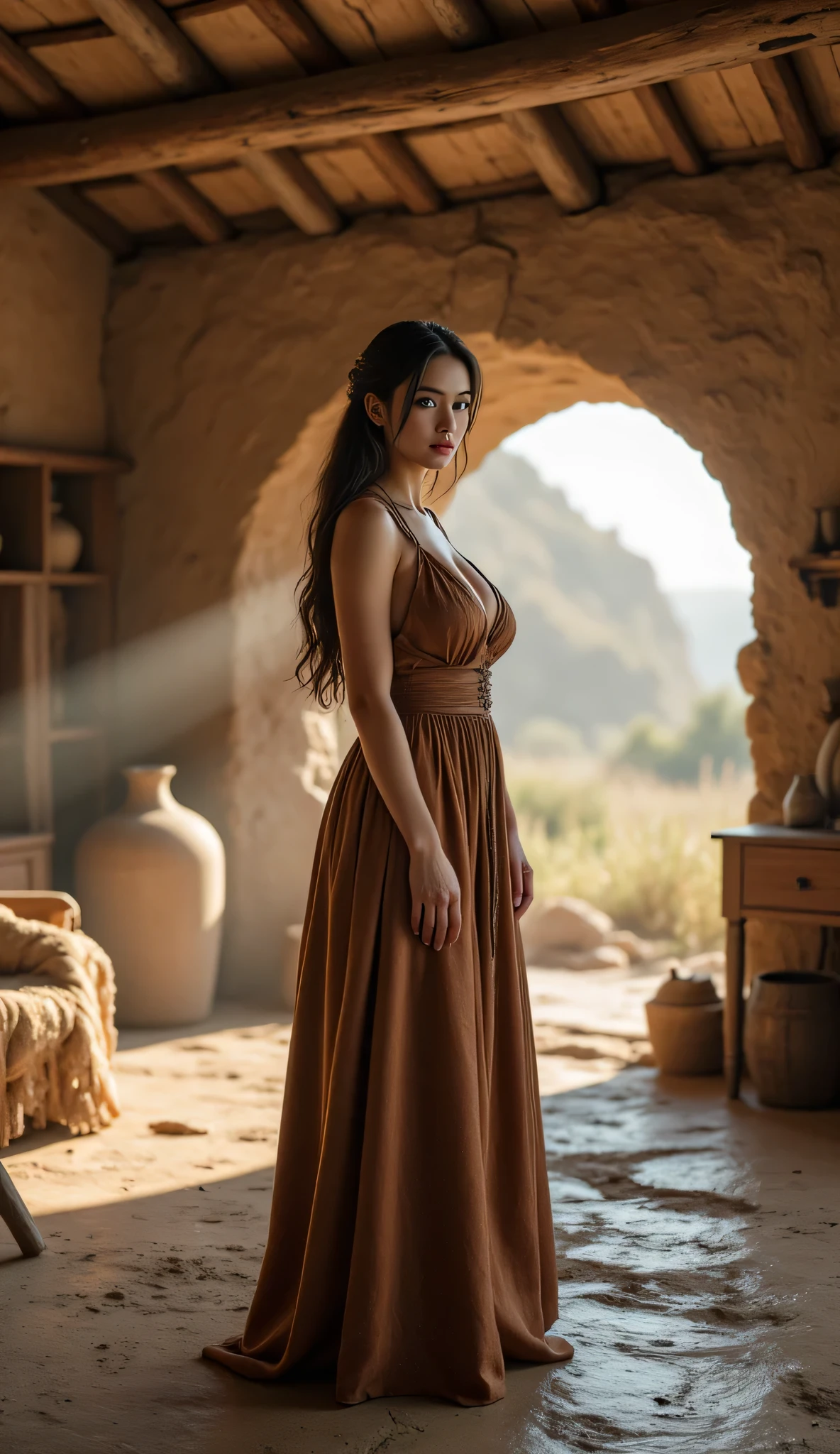 Create a visual representation of a scene set during in ancient primordial during the Stone Age. Imagine a camera panoramic wide angle view showcasing tracking shot the lively inside prehistoric hut tribe house scenery and the grandeur of the serene inside primitive furnitures. In the foreground, depict a perfect shape female perfectly figure dressed in a traditional folk leather gown, gracefully standing wiggle. Capture the intricate details of her folk leather dress and the rich textures of the surroundings. Envision a cinematic atmosphere during the golden hour, emphasizing the interplay of light and shadow. Use ultra-realistic techniques to achieve a depth of field, focusing on the expression in her eyes that conveys a sense of hut housing and significance in this primitive historical moment. Consider utilizing an octane 3D rendering style to enhance the realism and aesthetic quality of the stonePunkAi artwork.