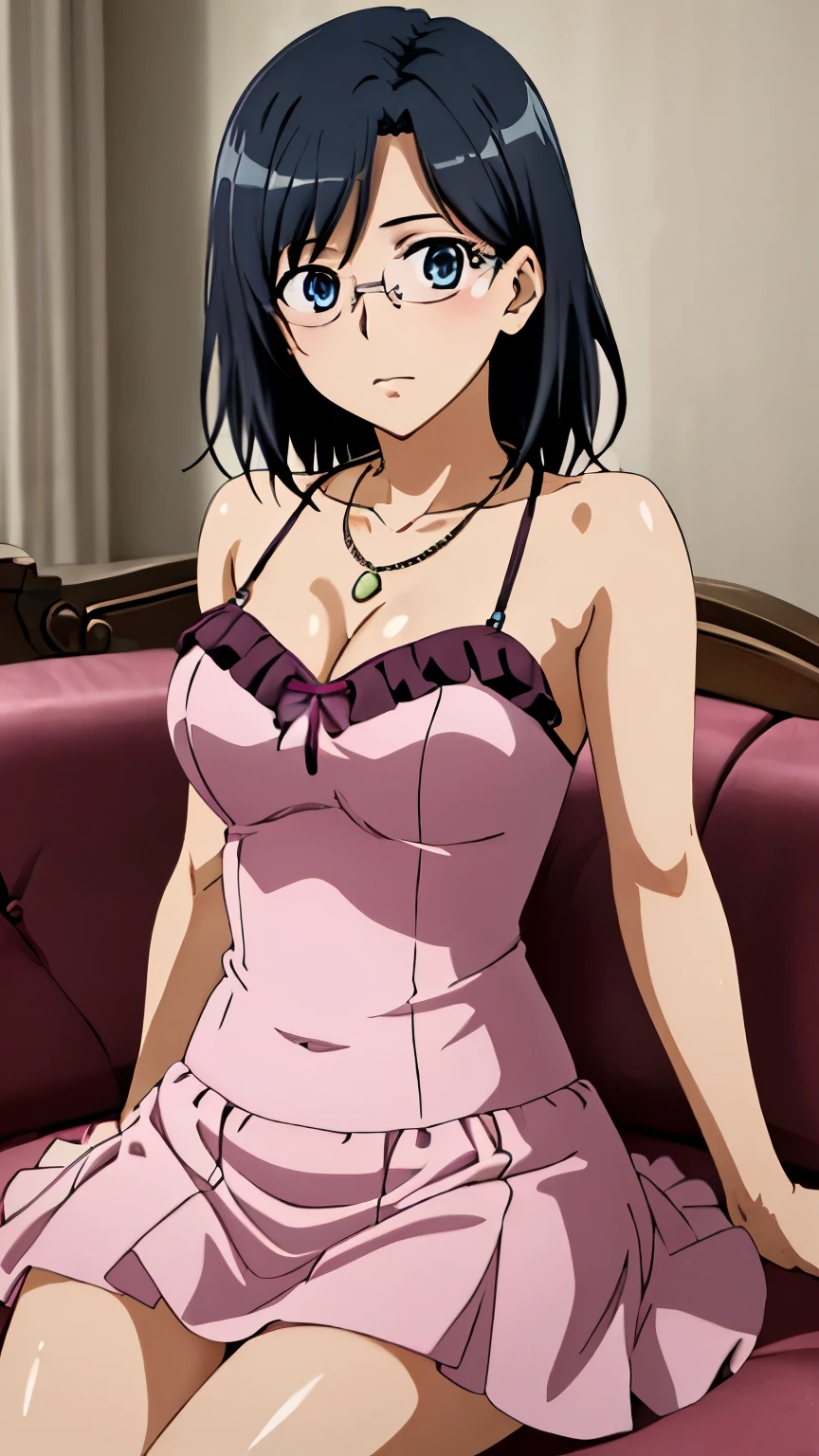 (Top quality, masterpiece, 8k), (Realistic skin texture), (anime coloring), Very detailed, very detailed, beautiful eyes, perfect eyes, detailed eyes, feature large highlight, detailed face, ultra-detailed, detailed eyes, symmetrical eyes, Sharp details, konori, blue eyes, black hair, (medium breasts:1.2), medium hair, healthy skin, glasses, ((nffsw, pink dress, frill, riered skirt, necklace, jewelry, room, sofa, sitting)), (cowboy shot:1.5), looking at the viewer, in the center of the image, dutch angle,