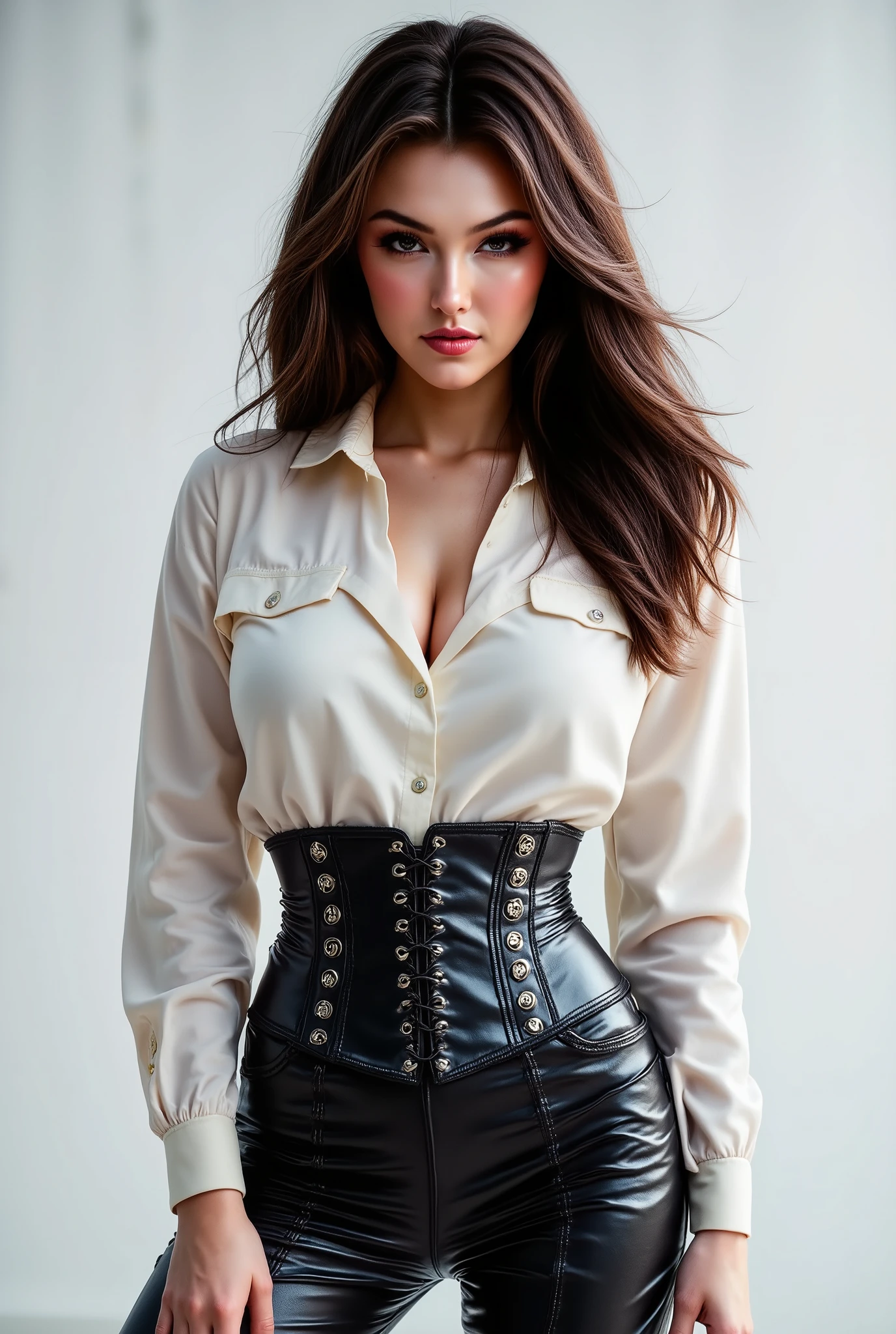 woman with a satin button down shirt, black glossy vinyl pvc pants, tight leather corset with front lacing, white studio background