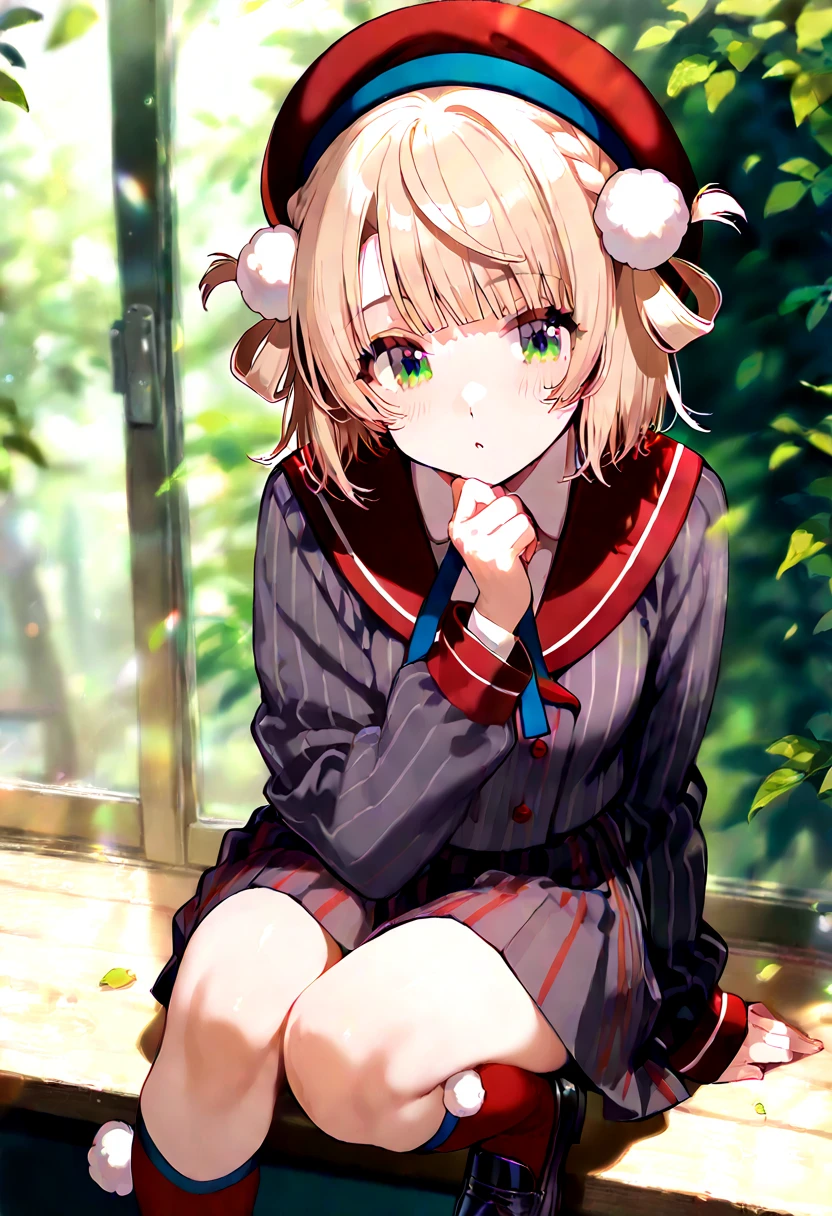 ((Masterpiece, Top Quality, High Resolution, UHD, Perfect Pixel, Depth of Field, 8k, RTX, HDR)), 1 Girl, Single, Solo, Beautiful Anime Girl, Beautiful Art Style, Rustic Anime Character, ((One Legs Bob, Medium Hair, Bangs, Blonde Hair Braids: 0 .5))), ((Deep Red Deep Red Color Eyes: 1.4, Round Eyes, Beautiful Eyelashes, Realistic Eyes)), ((Detailed Face, Blush: 1.2)), ((Smooth Texture: 0.75, Realistic Texture: 0.65, Photo Realistic: 1.1, Anime CG Style)), Dynamic Angle, Perfect Body, (( Portrait, framed)), ((green and yellow starched bow tie, uniform, black jacket, open jacket, deep red cardigan, white shirt, black skirt, plaid skirt)), mocking, mocking, small, small raspberry, cute, very cute raspberry, Really ridiculously cute and adorable little raspberry.