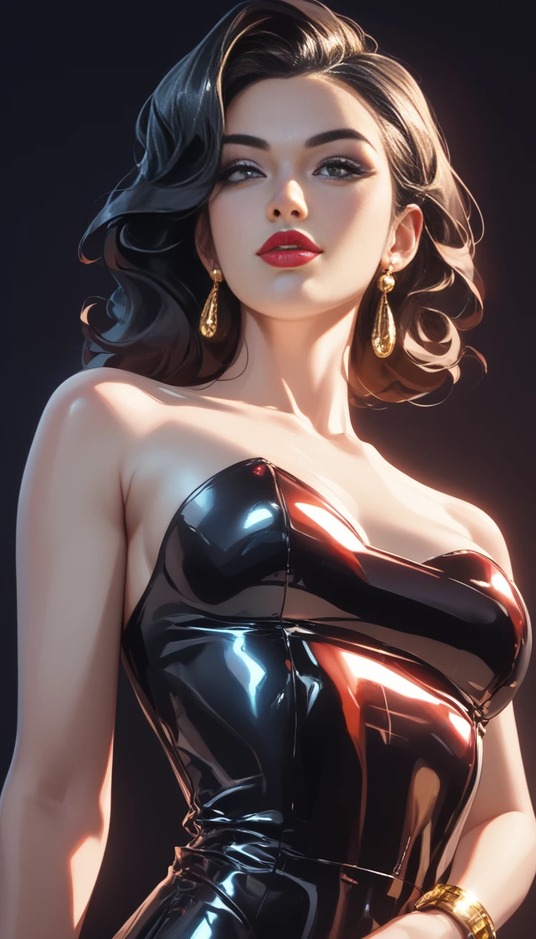 one asian girl, ada wong, solo, abs, slender body, (upper body, bust:1.2), black eyes, black hair, (short hair:1.3), choker, (red dress, tiny breasts, small breasts, male chest, cleavage, exposed breasts, open breasts, naked breasts:1.5), bare shoulders, belts, shoulder-belts, masterpiece, highly detailed, look at viewer, shiny blured orange background, gradient sprayed background, front view, gradient red purple background, blured background, glowing edges of image
