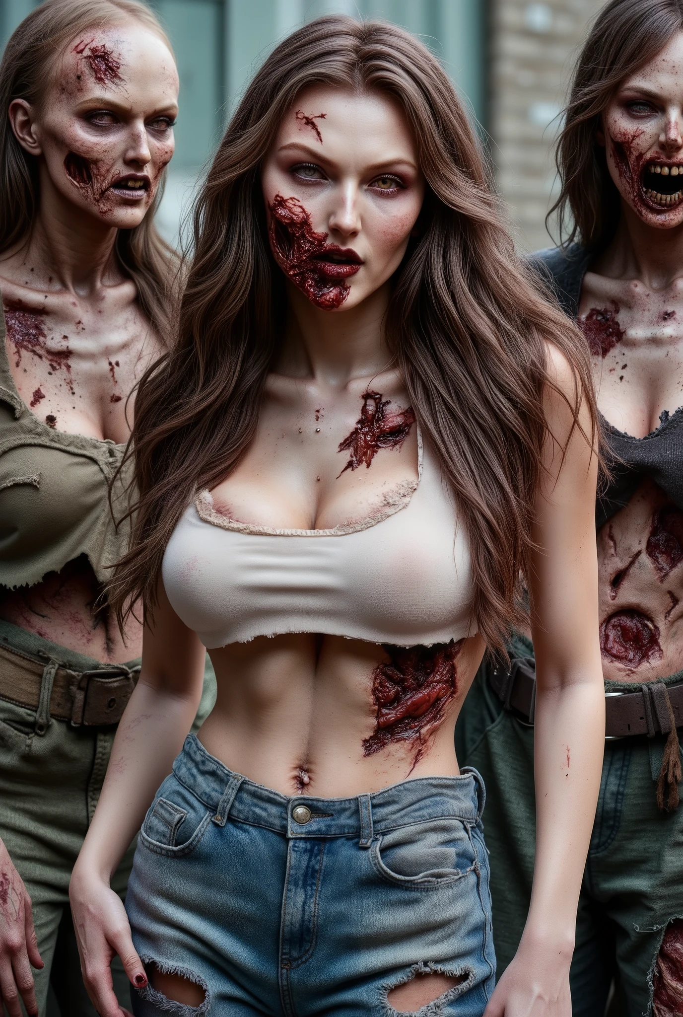 Zombie girl surrounded by other zombies, rotting flesh, open wounds, undead, open mouth with rotting teeth and blood, severed nose, blood and gore, bloody wounds, torn flesh, one arm reaching out to the viewer, 