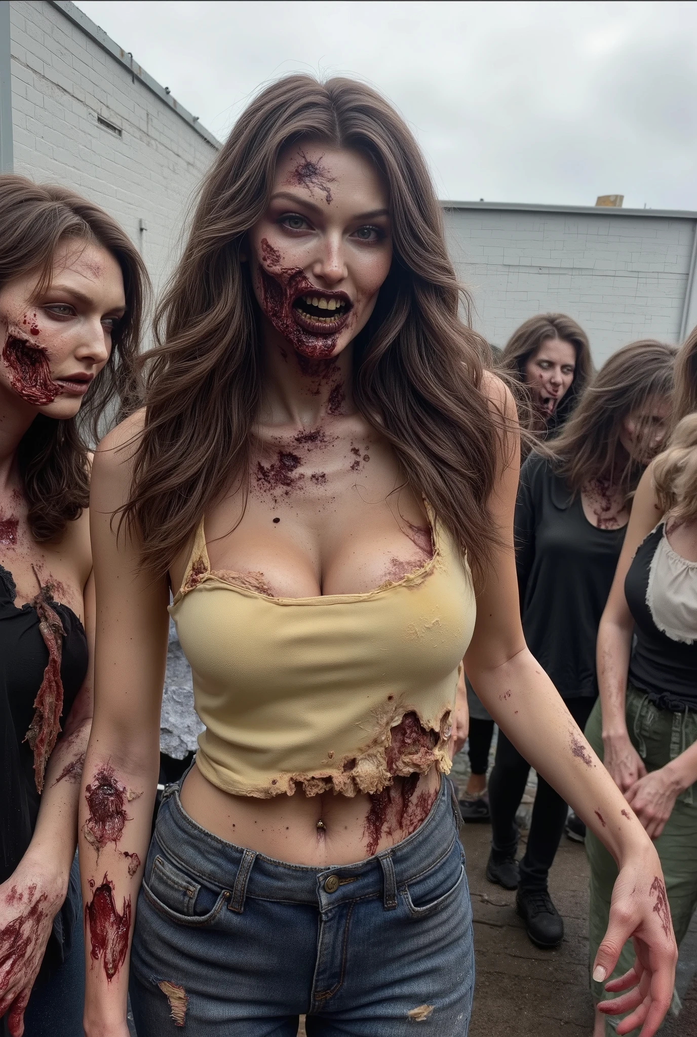 Zombie girl surrounded by other zombies, rotting flesh, open wounds, undead, open mouth with rotting teeth and blood, severed nose, blood and gore, bloody wounds, torn flesh, one arm reaching out to the viewer, 