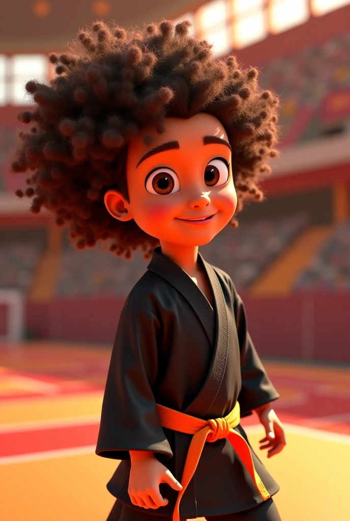 Create an image of a chubby black child,  wearing a white kimono with a black belt , standing on a mat and biting his medal, happy with the victory 