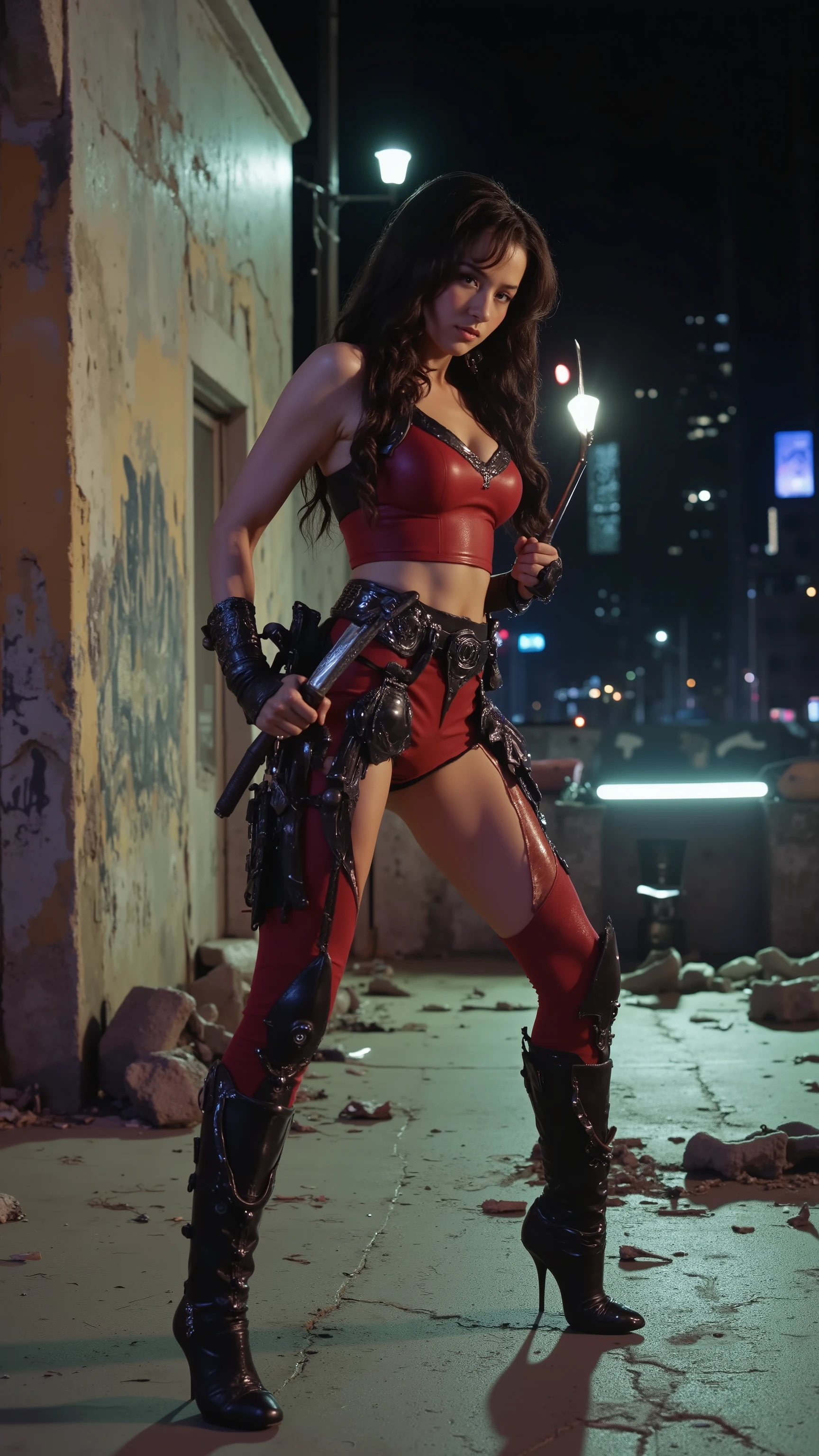 A cinematic close-up scene from a movie Elektra, featuring a superheroine, dressed in her iconic red and black combat suit with tight-fitting fabric and intricate armor-like accents on her arms and thighs. She wears twin sais holstered at her sides, and her suit has subtle dark patterns, adding a sleek and agile look. Her hair is long, dark, and styled loosely, flowing freely with a slight wind, showing her focus and agility. Her expression is confident and smiling, exuding both strength and approachability, ready for battle.
The character is posed in a fighting stance, one leg slightly bent, a sai held out in front of her with precise focus, indicating she's ready to strike with precision. She is standing in an urban, gritty environment, perhaps a dark alley or rooftop at night. The surroundings are dimly lit with sharp contrast, illuminated by scattered neon lights and shadows that define her form against the darkness.
The lighting is cinematic, with HDR quality, capturing the shadows and highlights on her face and suit. The overall tone of the scene is moody, with a vintage 1980s DVD screengrab feel, adding an old-school cinematic vibe. The background is filled with dark city silhouettes, distant lights, and broken urban structures, creating a sense of danger and anticipation.
The ground is made of cracked concrete, scattered with debris, and the walls are aged, with peeling graffiti and cracks, showing signs of wear from time. Elektra, dark, cinematic, retro aesthetic, realistic.