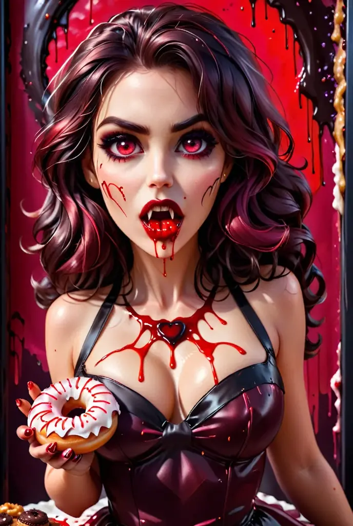 a portrait of a female vampire eating a bloody donut, an exotic exquisite beautiful female vampire, dynamic hair color, wavy hair, dynamic eyes color, (glowing  eyes: 1.3), intense eyes, wearing glamour silk dress, intricate detailed dress, dynamic color dress, dynamic style dress, (eating  a large donut soaked with blood: 1.3), blood dripping from the donut, dark fantasy pastry shop background,  vibrant, Ultra-high resolution, High Contrast, (masterpiece:1.5), highest quality, Best aesthetics), best details, best quality, highres, 16k, [ultra detailed], masterpiece, best quality, (extremely detailed) RAW, (ultra details, Masterpiece, best quality),   Dark Art Painting Style, Intense gaze, blood

