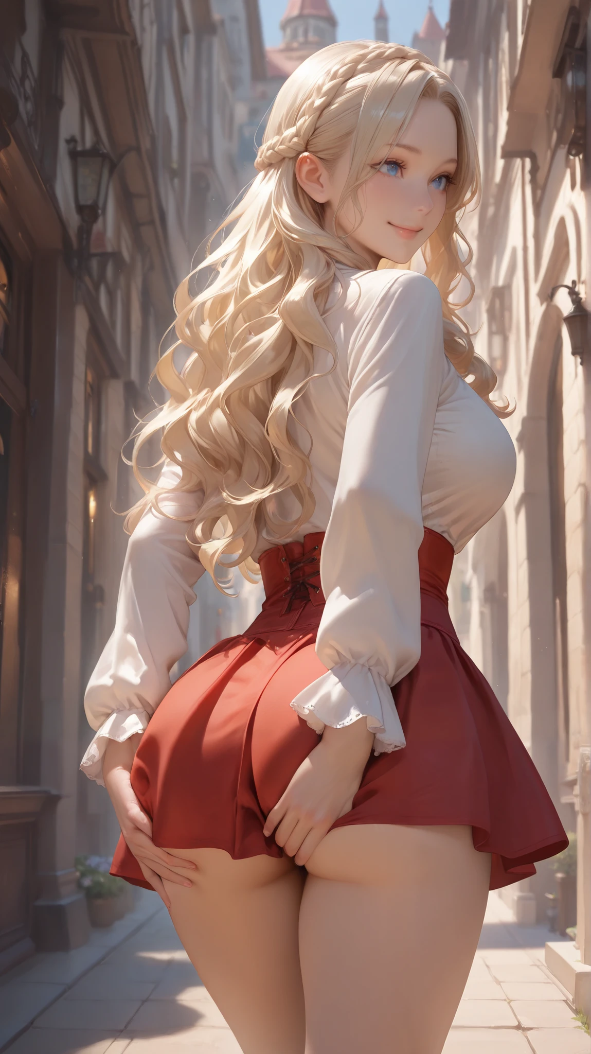 (sfw:1.5), (realistic), (masterpiece, Best Quality, High resolution, detail hands, detail fingers, detail face, detail leg, perfect lighting), (1girl, solo, detail girl, 20 years old girl), (pale blonde hair, wavy hair, crown braid, blue eyes, large breast), (red mini skirts, white blouse), (fantasy, town), (walking, smile, Scratching own ass)