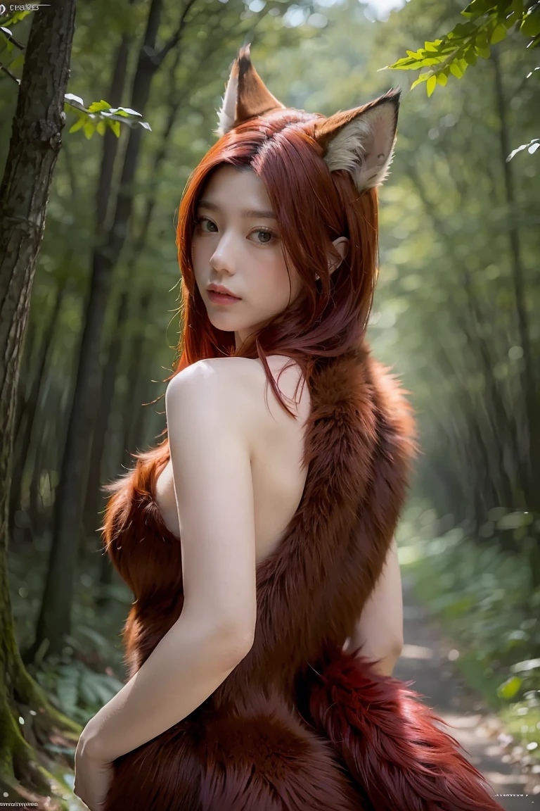 ((highest quality, 32k)), ((masterpiece)), (Get used to it), Perfect Face, Fox Girl, Beautiful woman, public, Has a tail, She has a fox's tail, She wags her fluffy tail, smile, collar, she is wearing a bikini, Beautiful hip line, A tail sticking out of a bikini, Large Breasts, On all fours