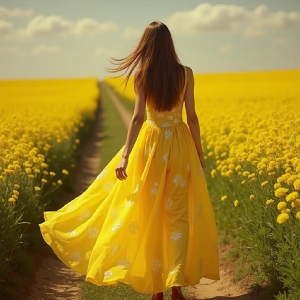Yellow long dress,Yellow flower field , long hair,,Woman, The dress is — free download