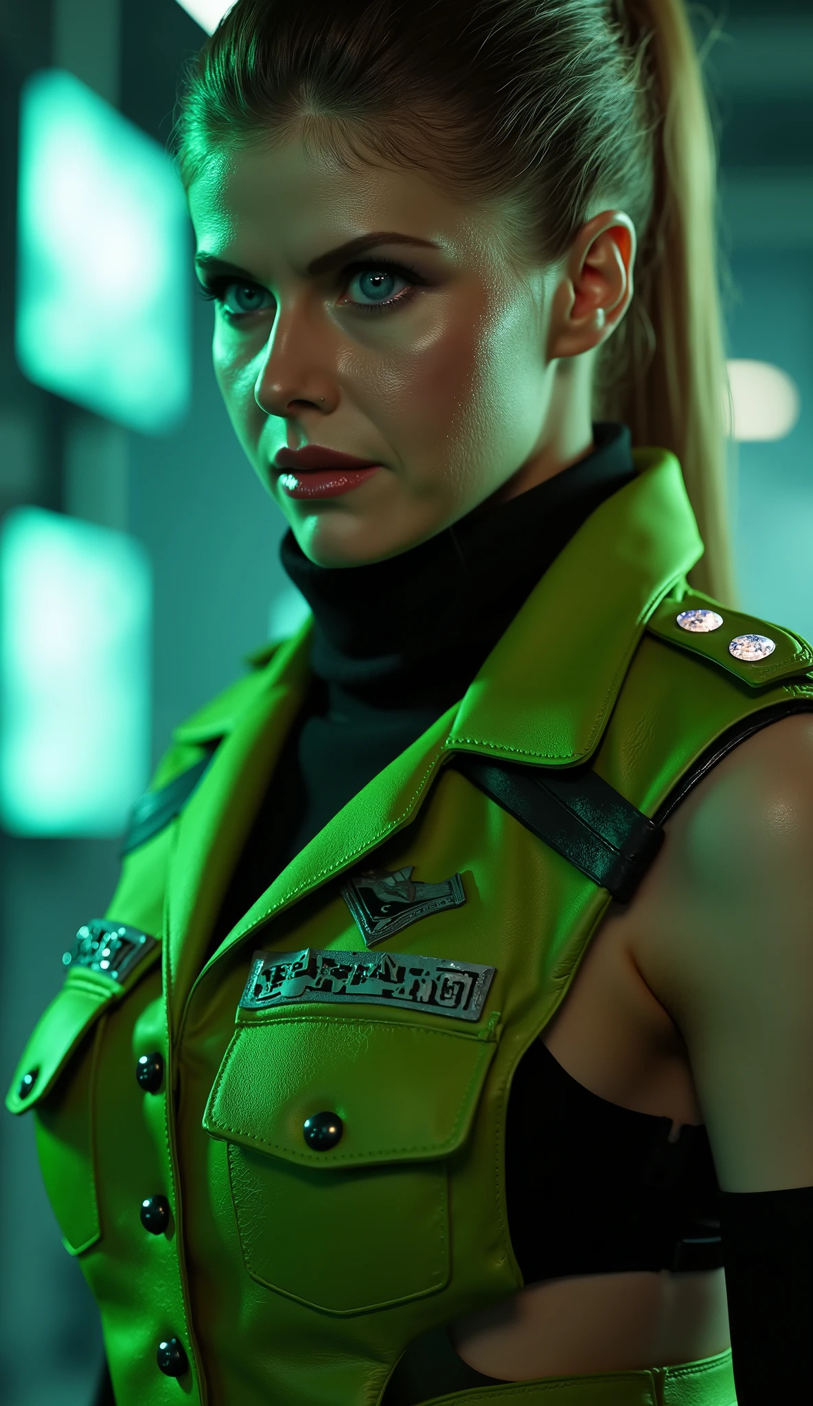 Here is a detailed prompt to generate an image **super realistic** de Sarah Jessica Parker como **Sonya Blade**, focused on **upper body**, in a brilliant green military uniform and striking details, e um Bottom marcante: --- **"Hyper-realistic Close-up by Sarah Jessica Parker as Sonya Blade, the experienced combat lieutenant of *  mortal kombat*. She is in a confident and powerful pose,  with a determined and focused expression  , conveying strength and readiness for combat. She wears a bright green military suit, with reflective metallic details and badges that highlight his status From experienced soldier.  The lighting is dramatic  , with shades of green and silver, creating strong contrasts between light and shadow. O Bottom é um cenário realista de uma base militar de alta tecnologia, with neon lights, holographic screens and soft smoke, adding an intense and enveloping atmosphere."** --- **Extra details for realism:** - **clothing:** Brilliant green military fabric, with metallic reflections and super-realistic textures. - ** :** looking determined and focused , conveying the essence of an experienced and ruthless soldier. - **Bottom:** Super-detailed textures in the equipment and neon lights of the military base. This prompt combines iconic Sonya Blade elements with Sarah Jessica Parker's unique look, guaranteeing a cinematic and immersive result! rendered in an ultra-realistic way Engine 5 with resolution 8K or higher
