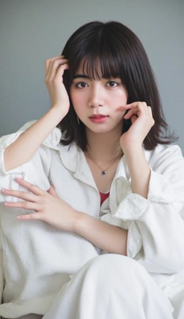 20 year old cute Japan woman, ((Extremely precise and accurate anatomy:1.0)), (Highest quality realistic skin textures:1.6), clean and glowing skin, Thin Skin, mesh, (Enhances the beauty of skin texture:1.2), ((((The texture of each individual hair, long and delicate lashes, Beautifully trimmed eyebrows, Facial pores, Detail of blood vessels in the white of the eye, Thin and visible capillaries in the skin)))), (Realistic as a photo:1.4), (Very realistic:1.4), (Improvement of quality:1.4), Realistic lighting, Backlight, A gentle light that illuminates the face, Ray Tracing, Bright light, (Smoother lighting:1.05), (Improving the quality of cinema lighting:0.9), 32k, fine grain, Detailed face, (Film Grain:1.1), (Natural smile:0), Accentuates body lines, High resolution, Natural look, Kind eyes, Delicate light and shadow, Clear skin, Graceful Pose, Beautiful Eyes, Sharp details, Soft light reflection, Beautiful contours, Delicate skin tone, Natural background, Natural poses in everyday situations, Extremely fine detail, Lora Style