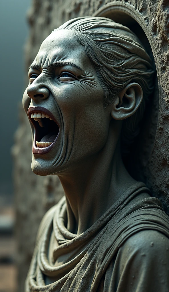 realistic photography of a very angry Justitia symbol figure, portrait , She is blindfolded, but her anger is obvious, justice, law, court, lawyer, highly detailed sculpture, dramatic lighting, ultra-realistic, dark moody background, courtroom setting, digital art by a renowned artist, high resolution