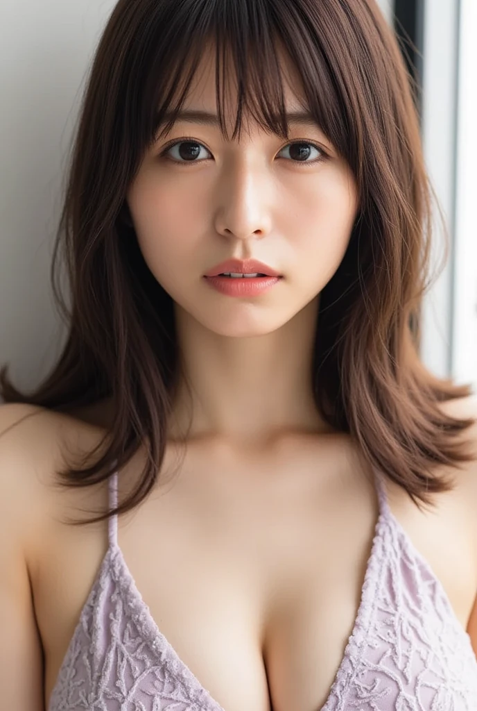 best quality, face focus, soft light, ultra high res, (photorealistic:1.4), RAW photo,
1japanese girl, 独奏, cute, (pupil, lights in the eyes),  detailed beautiful face, (small chest),(high resolution detail of human skin texture),
(long hair), blunt bangs,pink make up,
indoor, cleavage,
Damask Shirt Dress,
(portrait) Brown Hair, 