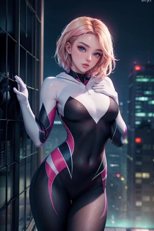 Spider-Gwen,illustration,pose sexy,high,detailed suit and musculature,(black part of the suit is translucent,(the nipples are marked),(camel toe)),MEDIUM BREASTS, athletic body, perfectly formed buttocks, the tips of the hair are pink, vibrant colors,Facial expressions that exude confidence and attractiveness.,Spider web pattern on the costume.,dynamic lighting,sharp focus,anime style,bright Eyes,attractive hips,thin waist,Tall and fit structure+long legs, large echoes, ass detail, big ass, round ass, Spread your legs, sexual excitement, sexual expression, shiny skin,vaginal discharge, without bra, visible crotch, legs open, without underwear、Crotch slit、Focus on crotch,((Don't wear underwear)), No pubic hair、shaved off、Show genitals and pubic hair、genitals are visible, clit, spreading vagina