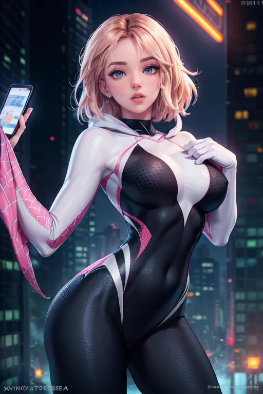 Ghost spider, Gwen wearing a black suit with a spider in the center of her chest in white, organic looking outfit, frente pegajosa, simbionte, ojos blancos, arte fino, ps5 cinematic screen capture,very detailed cinematic rendering, raytricing ultra fotorrealista, With cinematic lightting