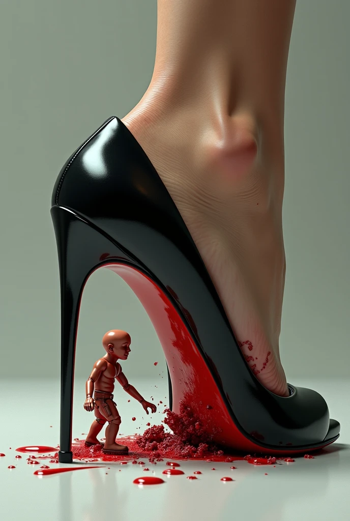 On a cold bare concrete floor, scattered realistically sized skulls of dried people with every hole in their foreheads that must have been the cause of death, there is a lustrous sex appeal with two right and left legs. Her beautiful legs are spread apart and stand out majestically. She is wearing beige pantyhose and stiletto heels with a silver metallic sheen, held in place by a black leather harness around the ankles. The stiletto heels are perfect in both color and finish, and are depicted in minute detail, right down to the surface and sole. The composition is a low-angle view of the back of the lower body, up to the thighs.