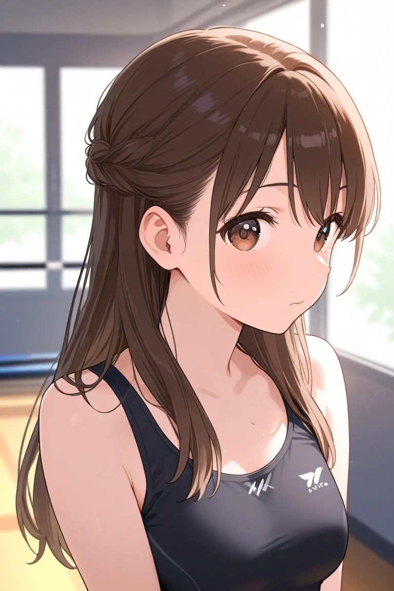 A Cute Girl, with Lush Long RedBrown Hair, Beautiful Brown Eyes, Overly Large Breasts, Thicc Thighs, Wide Hips, wearing a Black Shirt, and Grey Gym Pants, Pink Tennis-shoes, Inside a Modern House, pretty Smile,