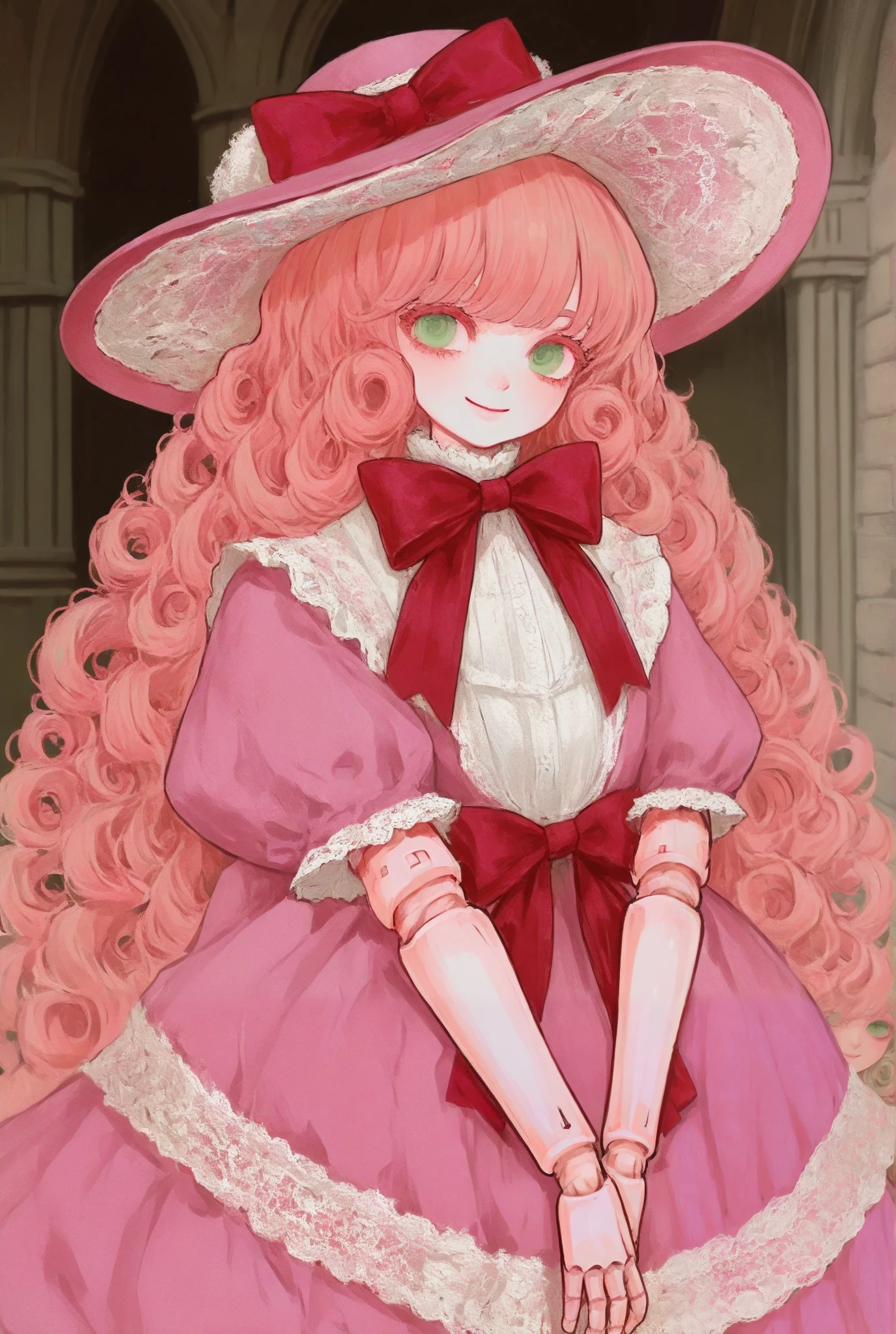1  ，pink extra long curly hair，pink lace wide-brimmed hat，cute，Big red bow，Smile，European classical style，Doll Joints ， light green eyes，Alice