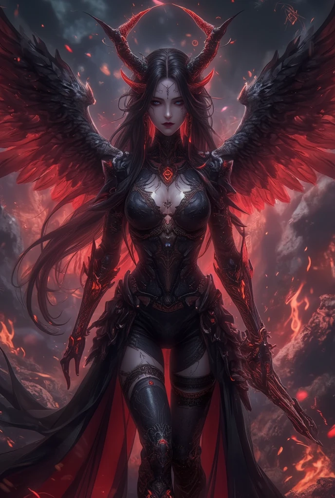 pretty red evil fallen angel-demon woman with huge wings falling in the streets in the apocaliptic city in hell in flames