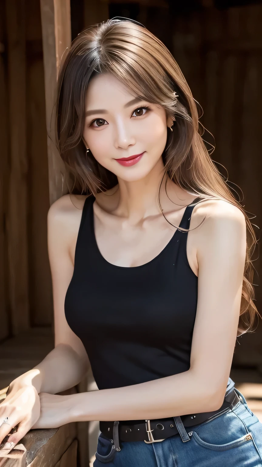 very detailed, masterpiece , top quality , (( photorealistic:1.4)), ((skinny body:1.5、 long face:1.2))、(((Simple Black Tank Top)))、(Super slim body)、55 year old japanese elderly woman , detailed faces , Detailed Eyes 、((makeup、lipstick)) 、((My breasts are sagging))、((( light beige hair 、disheveled long hair:1.3、 asymmetry))), graceful and sophisticated 、goddess、((from waist to head with camera))、((and look at the camera、fresh smile))、((Professional Cool Lighting))、((Dark underground storehouse))、from the side