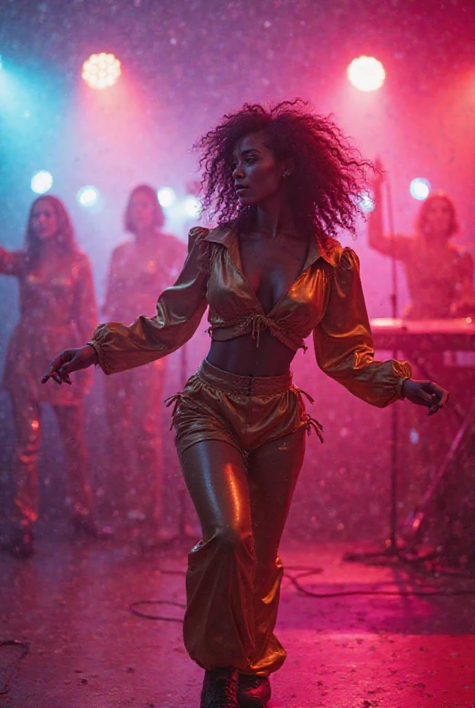 1woman, black, short silver dress, dancing, 1970s, afro hair, makeup, in a disco