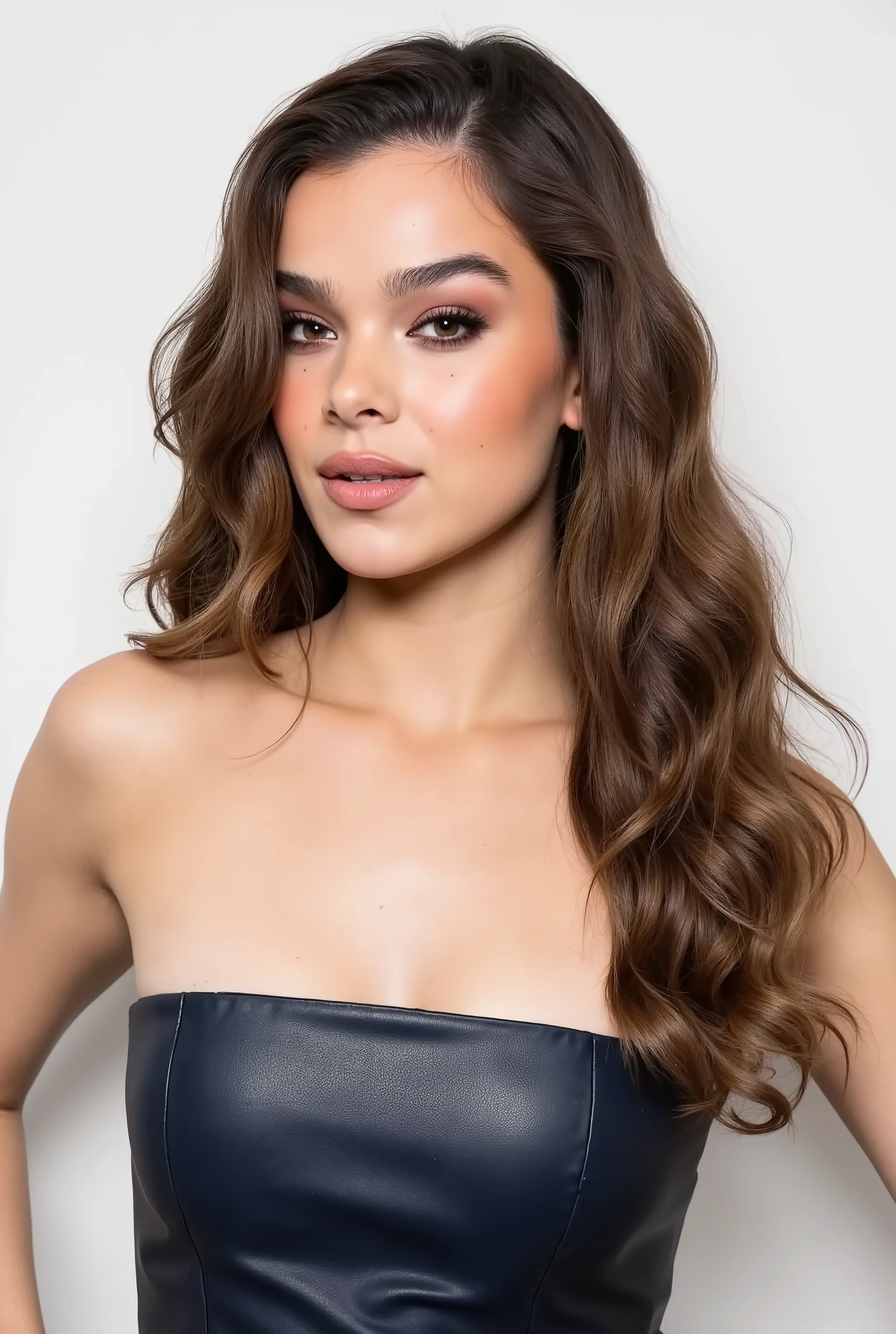 Hailee Steinfeld, wavy brunette hair, navy leather pants with navy strapless leather tube top, posing in a white studio background