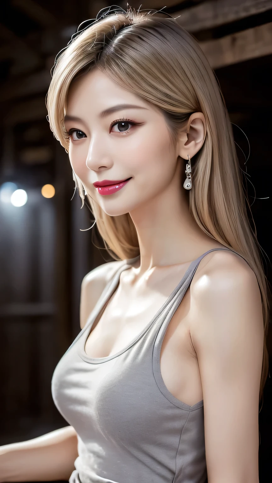 very detailed, masterpiece , top quality , (( photorealistic:1.4)), ((skinny body:1.5、 long face:1.2))、(((Simple Light Grey Tank Top、skinny fit)))、(Super slim body)、55 year old japanese elderly woman , detailed faces , Detailed Eyes 、((makeup、lipstick)) 、((My breasts are sagging))、((( light beige hair 、disheveled long hair:1.3、 asymmetry))), graceful and sophisticated 、goddess、((from waist to head with camera))、((and look at the camera、fresh smile))、((Professional Cool Lighting))、((Dark underground storehouse))、from the side